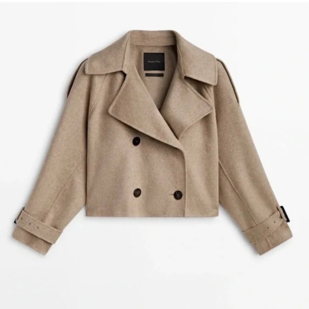 Massimo Dutti Tan Wool Blend Cropped Trench Coat